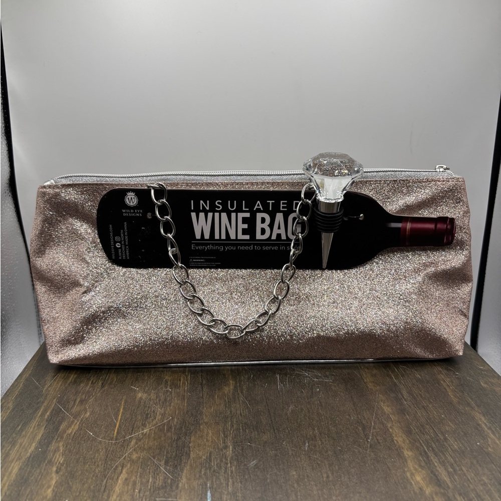 Sparkling Insulated Wine Bag with Chain and crystal style wine stopper